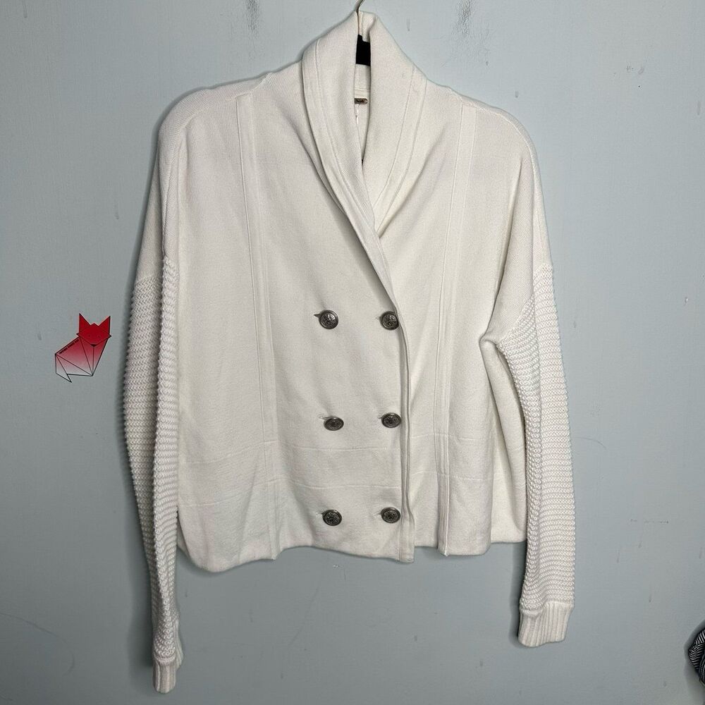 Free People Double Breasted Cardigan Sweater White Cotton Knit Size Small